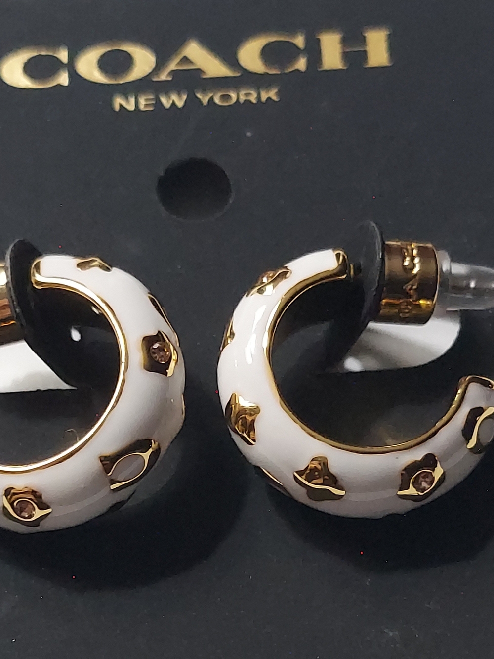 COACH White and Gold Enamel Huggie Hoop Earrings - Picture 2 of 3